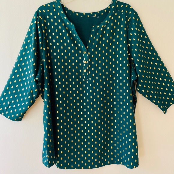 Sz XL Green Gold Glitter Dots Open Split Buttoned V Neck Pullover Blouse - Picture 8 of 8